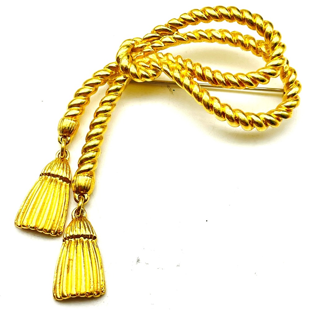 Vintage Gold Tone Rope Tassel Brooch Double Tassels Textured Costume Jewelry